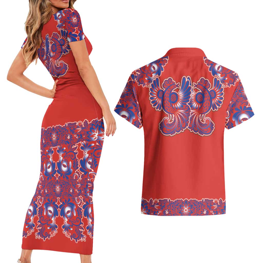 Red Russian National Costume Couples Matching Short Sleeve Bodycon Dress and Hawaiian Shirt Rooster Motifs Traditional Folk Pattern - Wonder Print Shop