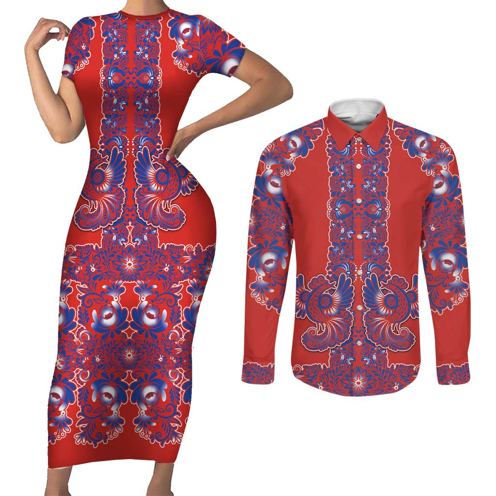 Red Russian National Costume Couples Matching Short Sleeve Bodycon Dress and Long Sleeve Button Shirt Rooster Motifs Traditional Folk Pattern - Wonder Print Shop
