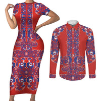 Red Russian National Costume Couples Matching Short Sleeve Bodycon Dress and Long Sleeve Button Shirt Rooster Motifs Traditional Folk Pattern - Wonder Print Shop