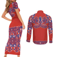 Red Russian National Costume Couples Matching Short Sleeve Bodycon Dress and Long Sleeve Button Shirt Rooster Motifs Traditional Folk Pattern - Wonder Print Shop