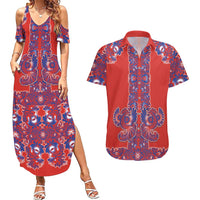 Red Russian National Costume Couples Matching Summer Maxi Dress and Hawaiian Shirt Rooster Motifs Traditional Folk Pattern - Wonder Print Shop