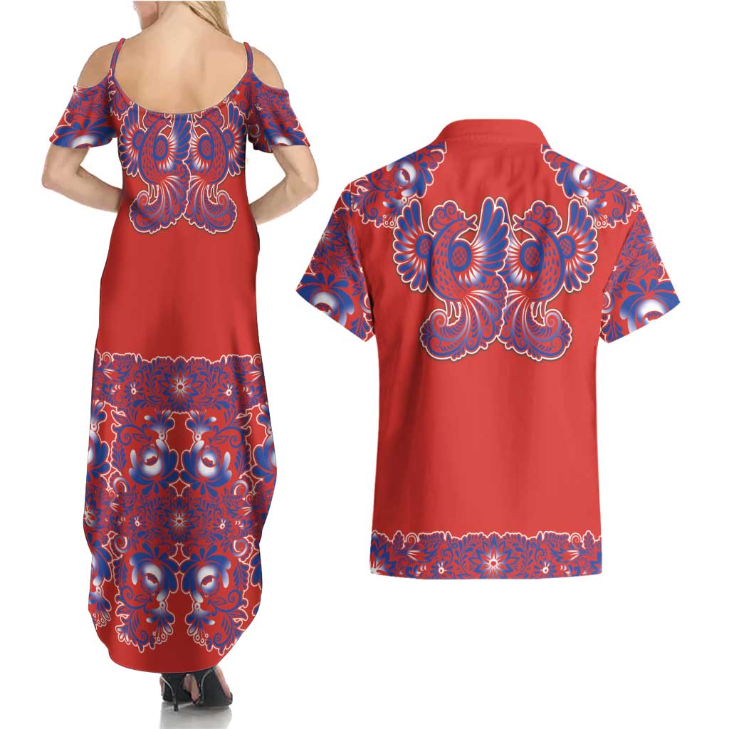 Red Russian National Costume Couples Matching Summer Maxi Dress and Hawaiian Shirt Rooster Motifs Traditional Folk Pattern - Wonder Print Shop