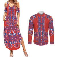 Red Russian National Costume Couples Matching Summer Maxi Dress and Long Sleeve Button Shirt Rooster Motifs Traditional Folk Pattern - Wonder Print Shop