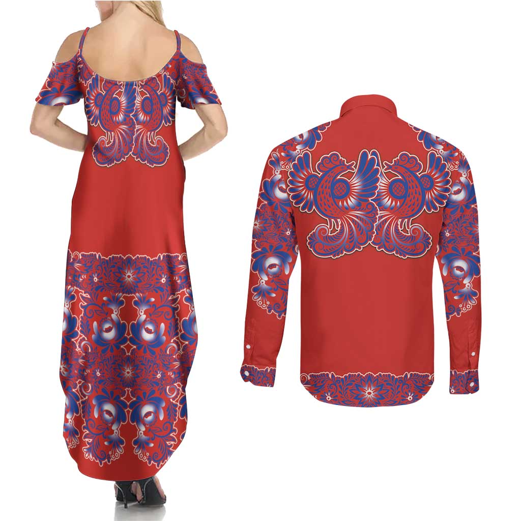 Red Russian National Costume Couples Matching Summer Maxi Dress and Long Sleeve Button Shirt Rooster Motifs Traditional Folk Pattern - Wonder Print Shop