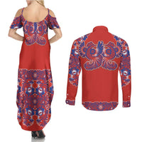 Red Russian National Costume Couples Matching Summer Maxi Dress and Long Sleeve Button Shirt Rooster Motifs Traditional Folk Pattern - Wonder Print Shop