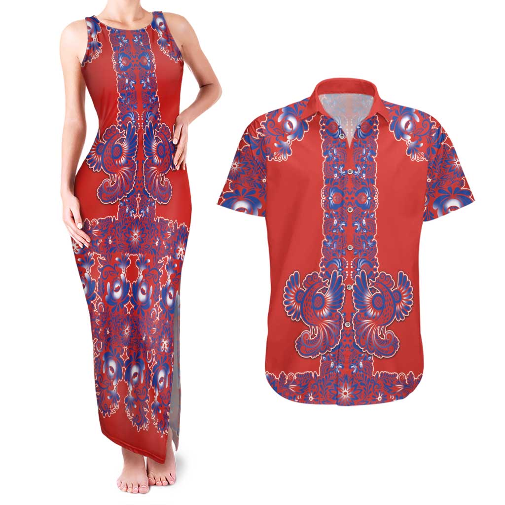 Red Russian National Costume Couples Matching Tank Maxi Dress and Hawaiian Shirt Rooster Motifs Traditional Folk Pattern - Wonder Print Shop