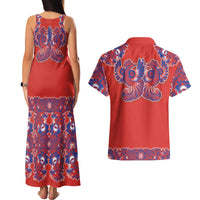 Red Russian National Costume Couples Matching Tank Maxi Dress and Hawaiian Shirt Rooster Motifs Traditional Folk Pattern - Wonder Print Shop