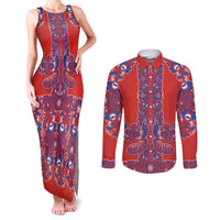 Red Russian National Costume Couples Matching Tank Maxi Dress and Long Sleeve Button Shirt Rooster Motifs Traditional Folk Pattern - Wonder Print Shop