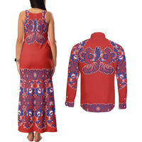 Red Russian National Costume Couples Matching Tank Maxi Dress and Long Sleeve Button Shirt Rooster Motifs Traditional Folk Pattern - Wonder Print Shop