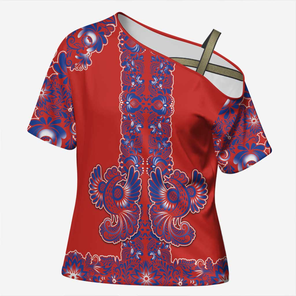 Red Russian National Costume Cross Shoulder Shirt Rooster Motifs Traditional Folk Pattern - Wonder Print Shop