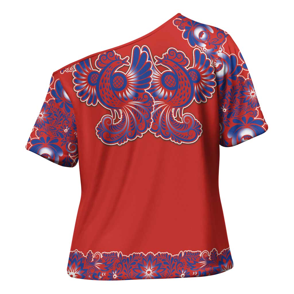 Red Russian National Costume Cross Shoulder Shirt Rooster Motifs Traditional Folk Pattern - Wonder Print Shop