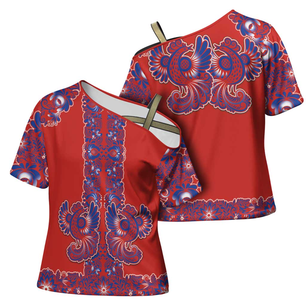 Red Russian National Costume Cross Shoulder Shirt Rooster Motifs Traditional Folk Pattern - Wonder Print Shop