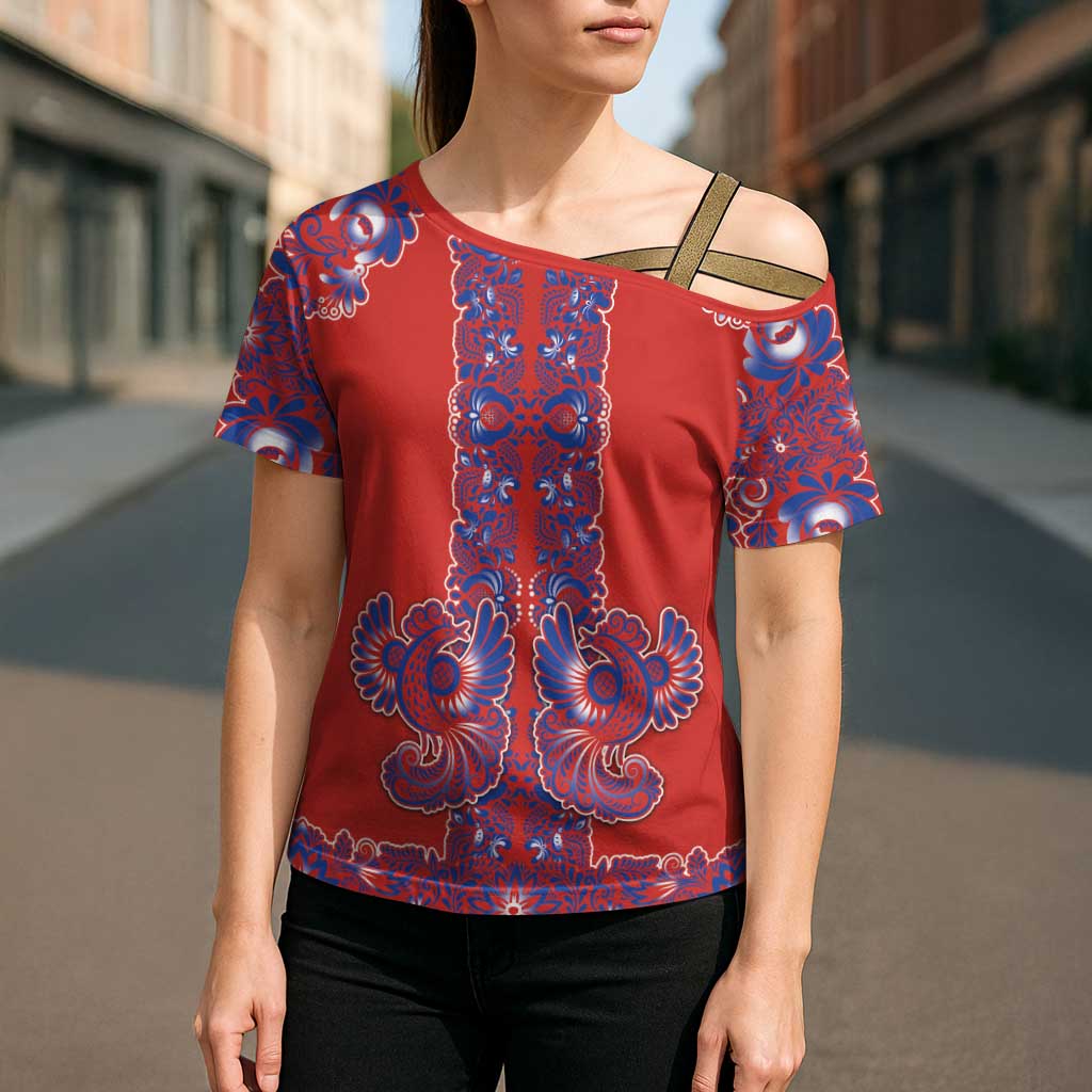 Red Russian National Costume Cross Shoulder Shirt Rooster Motifs Traditional Folk Pattern - Wonder Print Shop