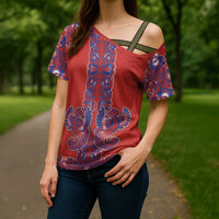 Red Russian National Costume Cross Shoulder Shirt Rooster Motifs Traditional Folk Pattern - Wonder Print Shop