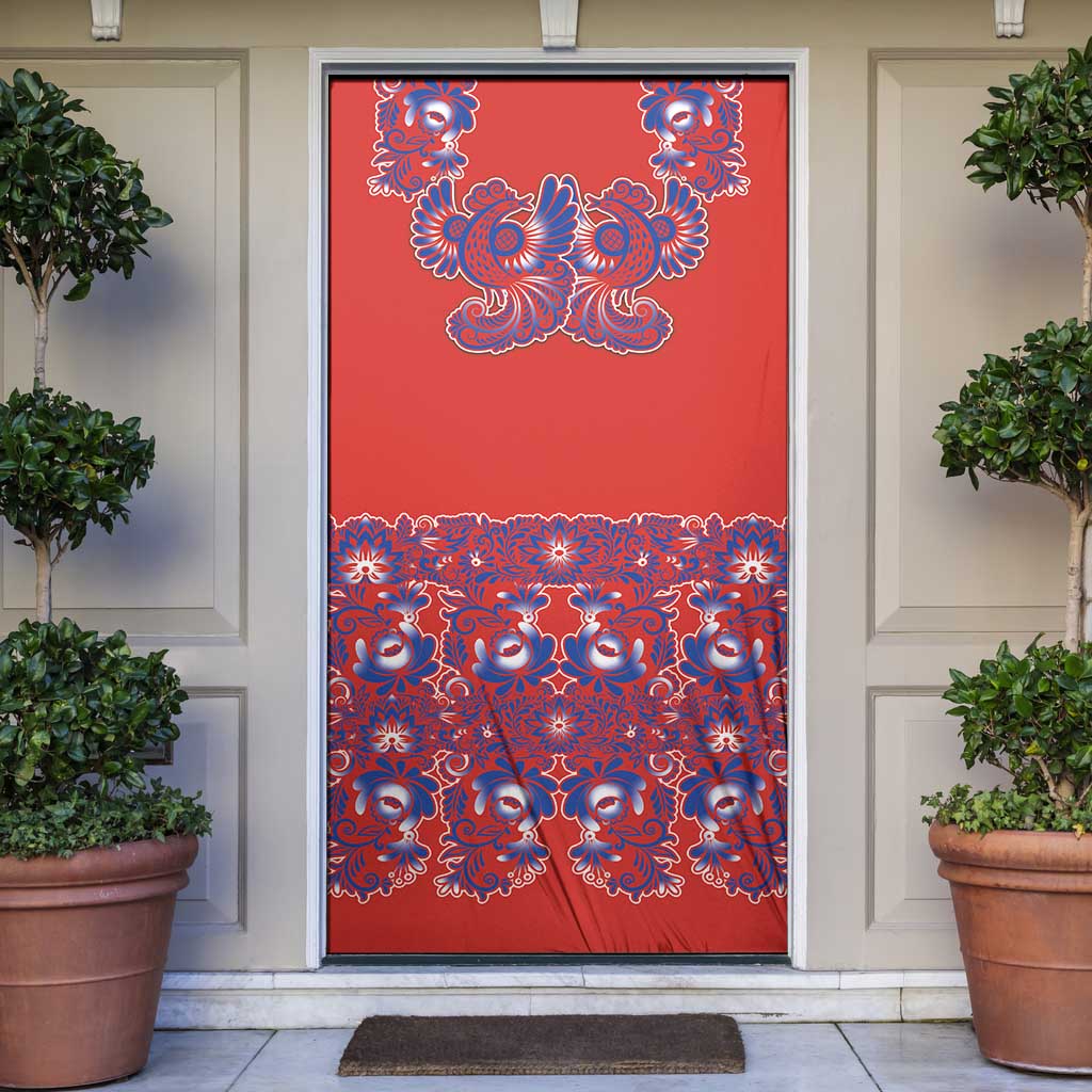 Red Russian National Costume Door Cover Rooster Motifs Traditional Folk Pattern - Wonder Print Shop