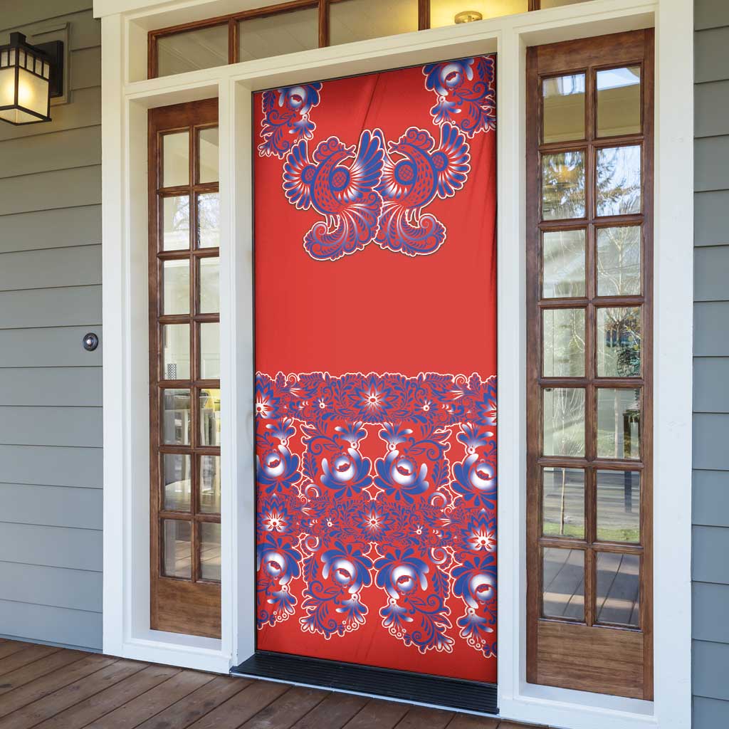 Red Russian National Costume Door Cover Rooster Motifs Traditional Folk Pattern - Wonder Print Shop