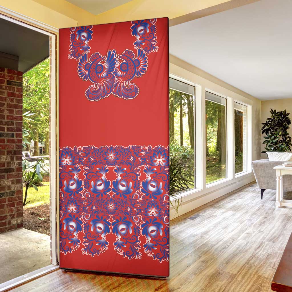 Red Russian National Costume Door Cover Rooster Motifs Traditional Folk Pattern - Wonder Print Shop