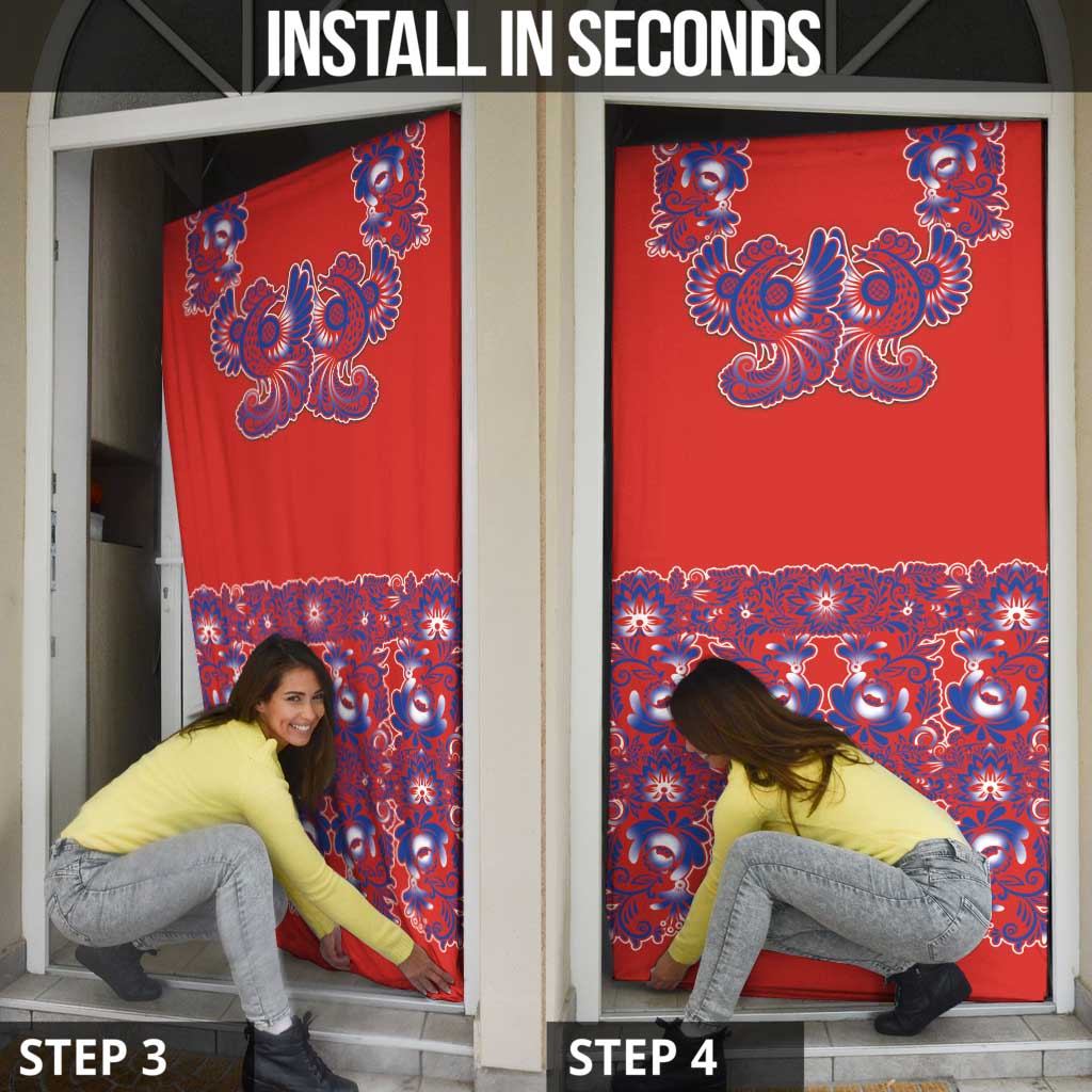 Red Russian National Costume Door Cover Rooster Motifs Traditional Folk Pattern - Wonder Print Shop