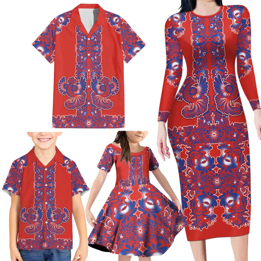 Red Russian National Costume Family Matching Long Sleeve Bodycon Dress and Hawaiian Shirt Rooster Motifs Traditional Folk Pattern - Wonder Print Shop