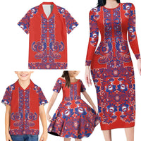 Red Russian National Costume Family Matching Long Sleeve Bodycon Dress and Hawaiian Shirt Rooster Motifs Traditional Folk Pattern - Wonder Print Shop