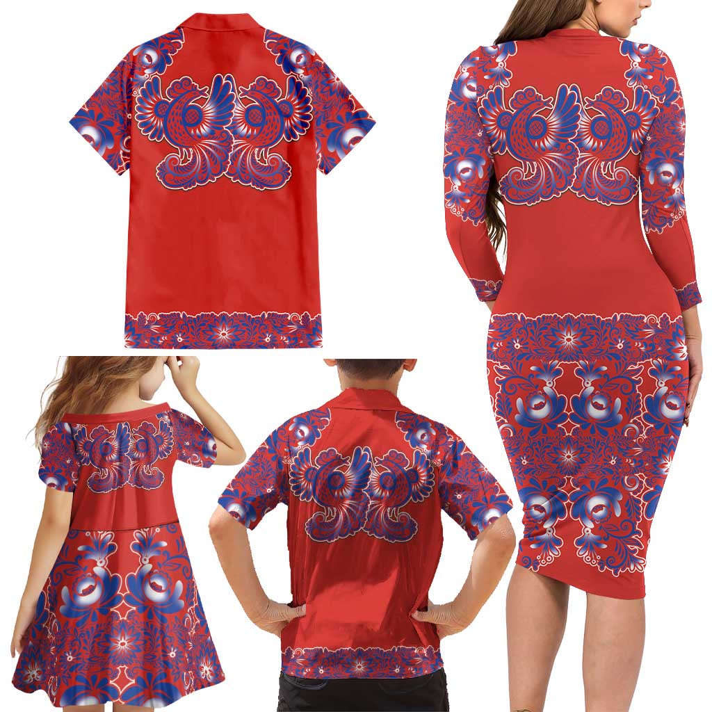 Red Russian National Costume Family Matching Long Sleeve Bodycon Dress and Hawaiian Shirt Rooster Motifs Traditional Folk Pattern - Wonder Print Shop
