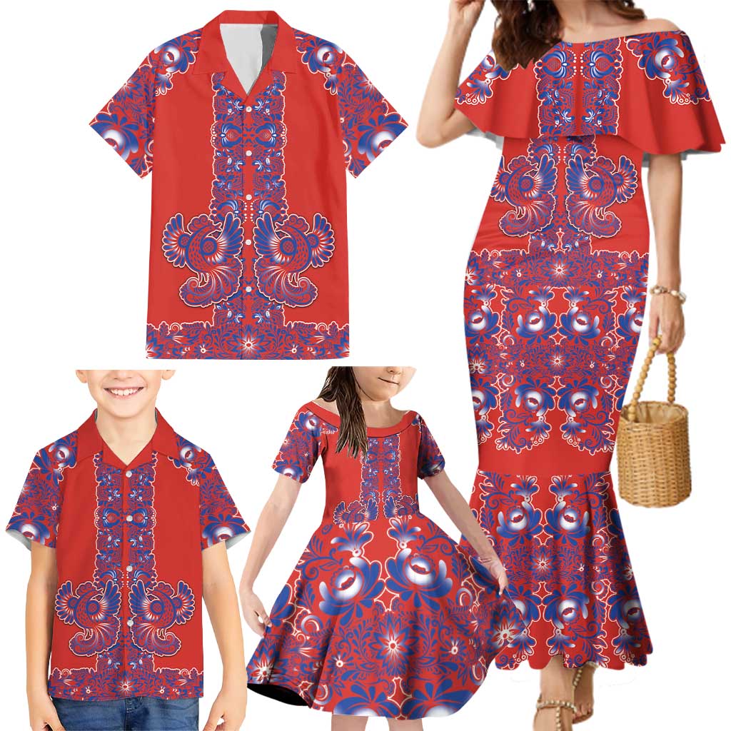 Red Russian National Costume Family Matching Mermaid Dress and Hawaiian Shirt Rooster Motifs Traditional Folk Pattern - Wonder Print Shop
