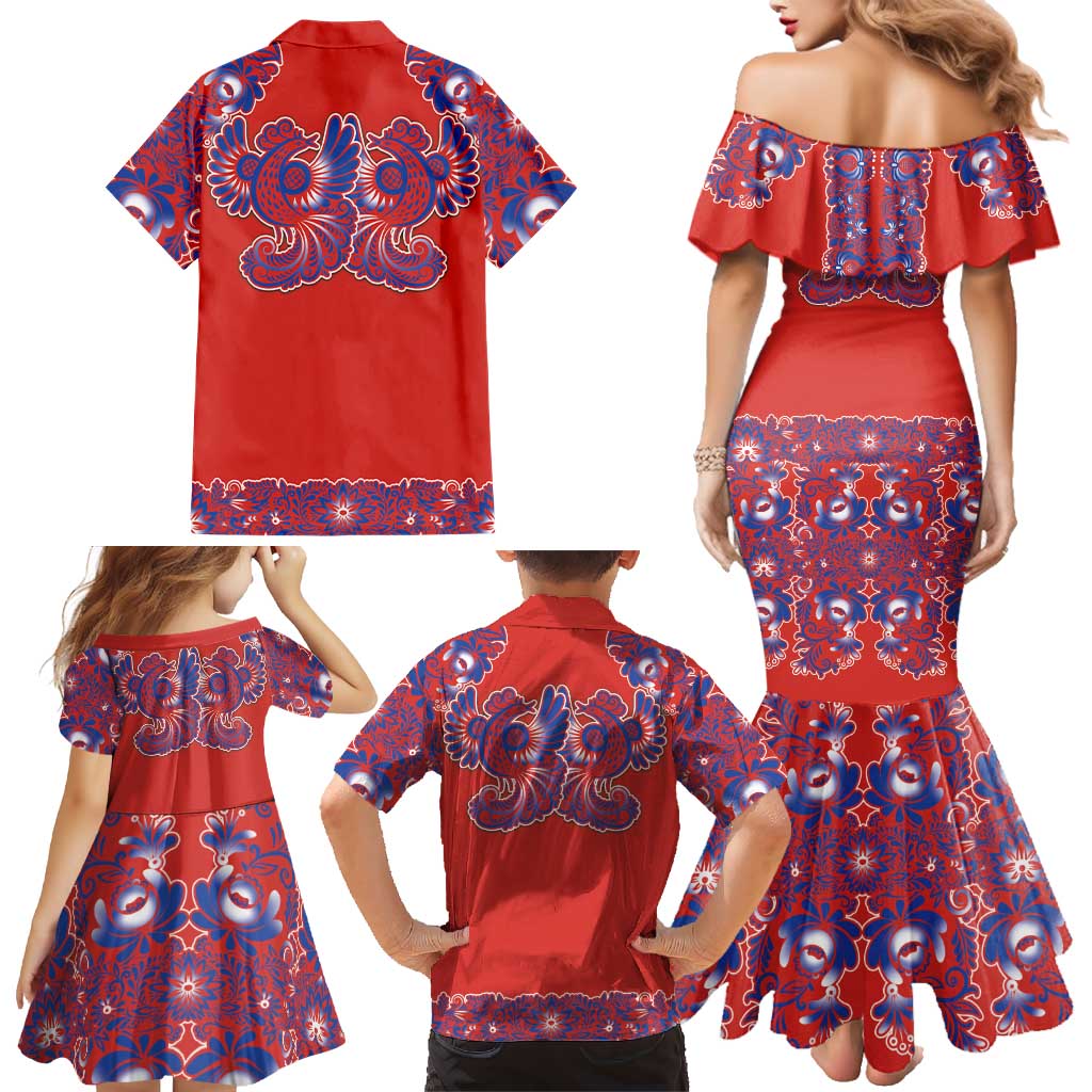 Red Russian National Costume Family Matching Mermaid Dress and Hawaiian Shirt Rooster Motifs Traditional Folk Pattern - Wonder Print Shop