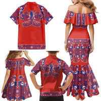 Red Russian National Costume Family Matching Mermaid Dress and Hawaiian Shirt Rooster Motifs Traditional Folk Pattern - Wonder Print Shop