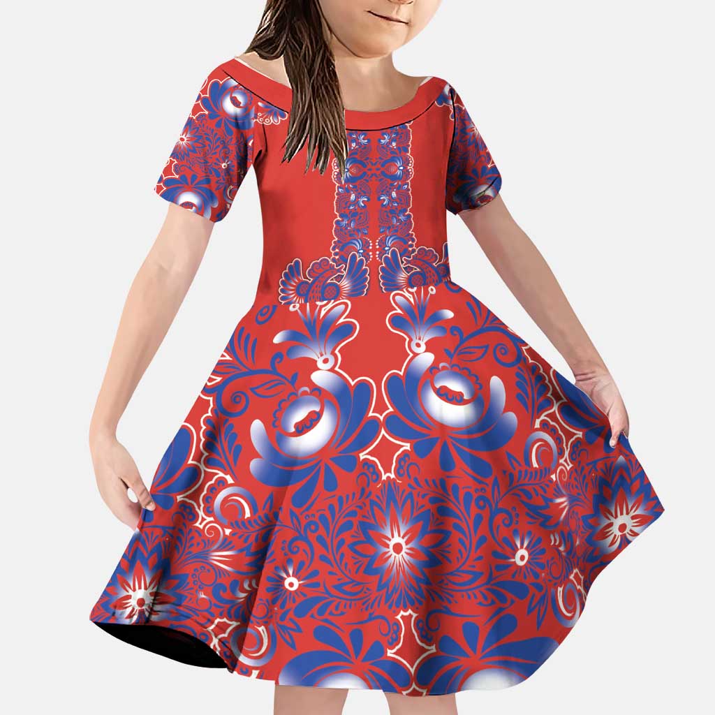 Red Russian National Costume Family Matching Off The Shoulder Long Sleeve Dress and Hawaiian Shirt Rooster Motifs Traditional Folk Pattern - Wonder Print Shop