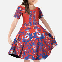 Red Russian National Costume Family Matching Off The Shoulder Long Sleeve Dress and Hawaiian Shirt Rooster Motifs Traditional Folk Pattern - Wonder Print Shop