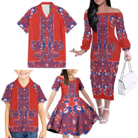Red Russian National Costume Family Matching Off The Shoulder Long Sleeve Dress and Hawaiian Shirt Rooster Motifs Traditional Folk Pattern - Wonder Print Shop