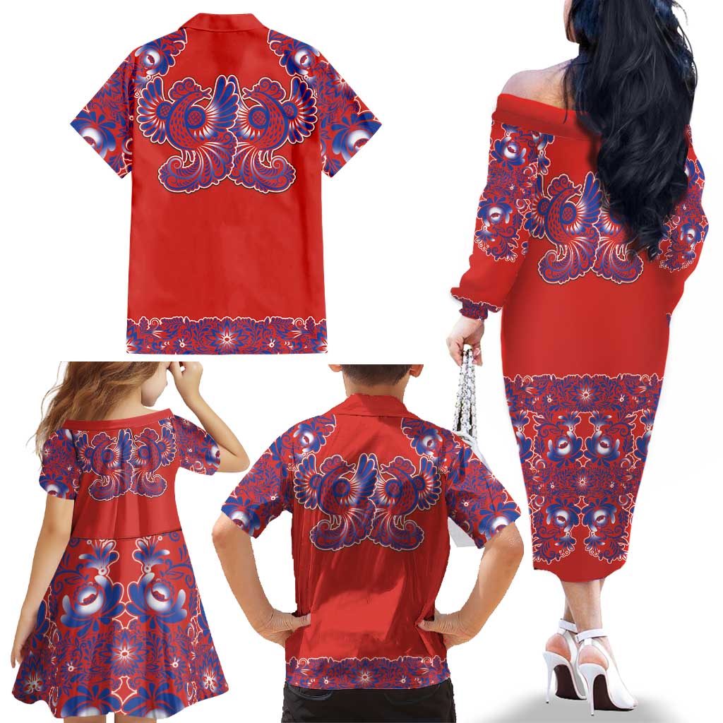 Red Russian National Costume Family Matching Off The Shoulder Long Sleeve Dress and Hawaiian Shirt Rooster Motifs Traditional Folk Pattern - Wonder Print Shop