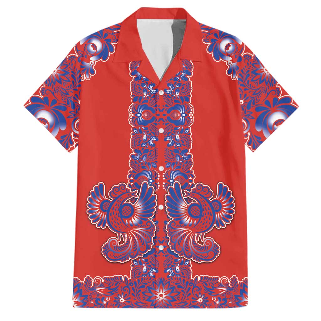 Red Russian National Costume Family Matching Off The Shoulder Long Sleeve Dress and Hawaiian Shirt Rooster Motifs Traditional Folk Pattern - Wonder Print Shop