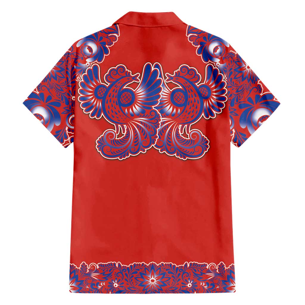 Red Russian National Costume Family Matching Off The Shoulder Long Sleeve Dress and Hawaiian Shirt Rooster Motifs Traditional Folk Pattern - Wonder Print Shop