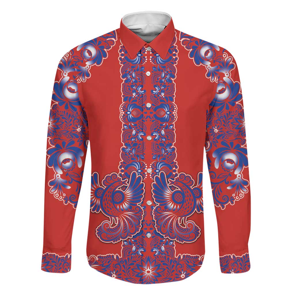 Red Russian National Costume Family Matching Off The Shoulder Long Sleeve Dress and Hawaiian Shirt Rooster Motifs Traditional Folk Pattern - Wonder Print Shop