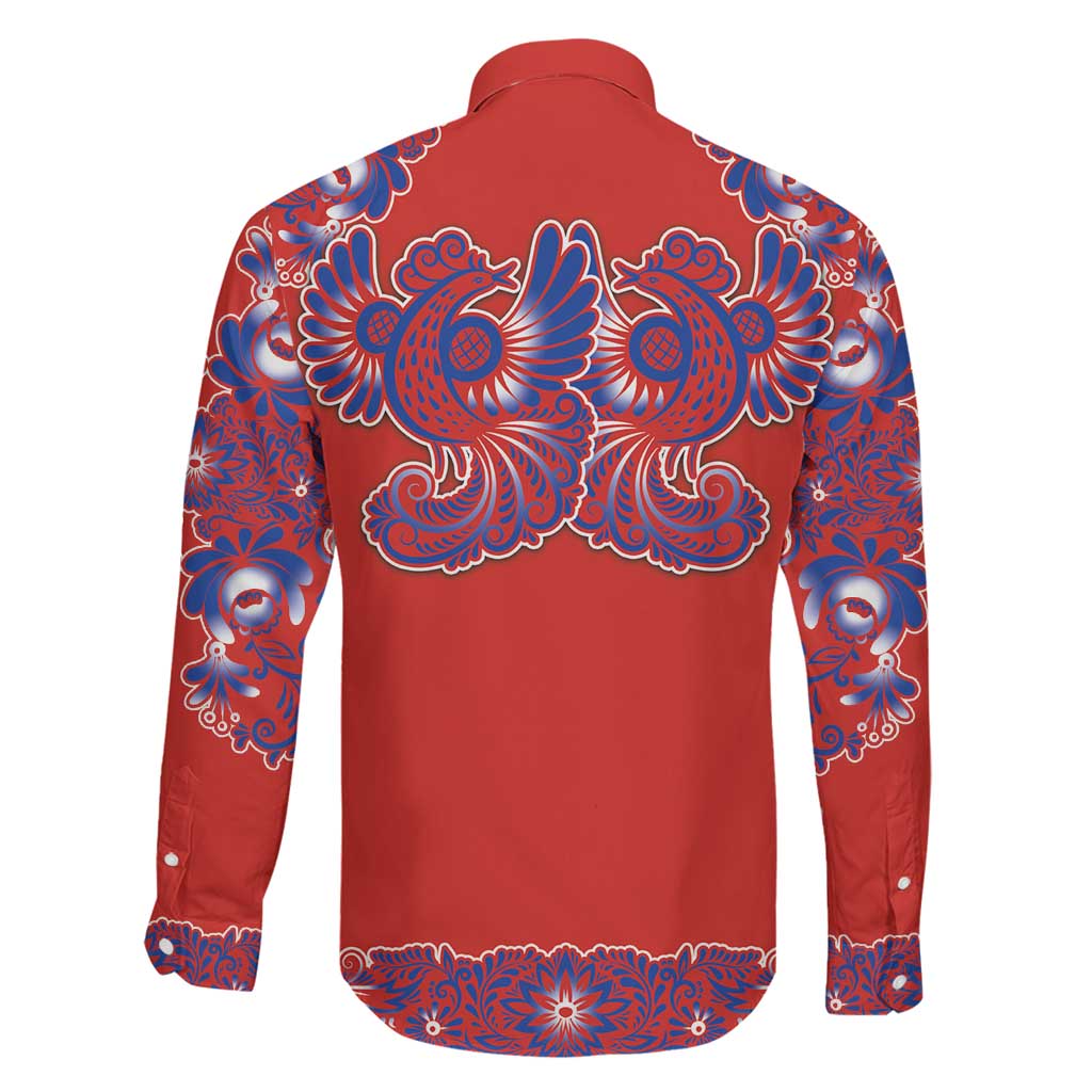 Red Russian National Costume Family Matching Off The Shoulder Long Sleeve Dress and Hawaiian Shirt Rooster Motifs Traditional Folk Pattern - Wonder Print Shop