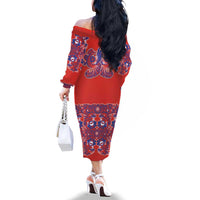 Red Russian National Costume Family Matching Off The Shoulder Long Sleeve Dress and Hawaiian Shirt Rooster Motifs Traditional Folk Pattern - Wonder Print Shop