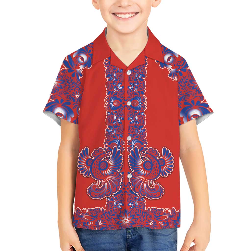 Red Russian National Costume Family Matching Off The Shoulder Long Sleeve Dress and Hawaiian Shirt Rooster Motifs Traditional Folk Pattern - Wonder Print Shop