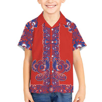 Red Russian National Costume Family Matching Off The Shoulder Long Sleeve Dress and Hawaiian Shirt Rooster Motifs Traditional Folk Pattern - Wonder Print Shop