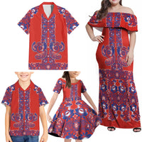 Red Russian National Costume Family Matching Off Shoulder Maxi Dress and Hawaiian Shirt Rooster Motifs Traditional Folk Pattern - Wonder Print Shop