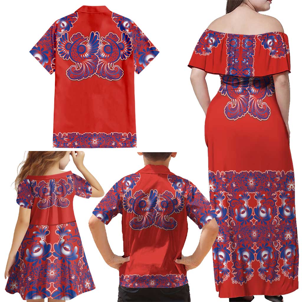 Red Russian National Costume Family Matching Off Shoulder Maxi Dress and Hawaiian Shirt Rooster Motifs Traditional Folk Pattern - Wonder Print Shop