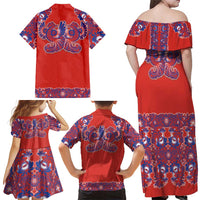 Red Russian National Costume Family Matching Off Shoulder Maxi Dress and Hawaiian Shirt Rooster Motifs Traditional Folk Pattern - Wonder Print Shop