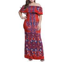 Red Russian National Costume Family Matching Off Shoulder Maxi Dress and Hawaiian Shirt Rooster Motifs Traditional Folk Pattern - Wonder Print Shop