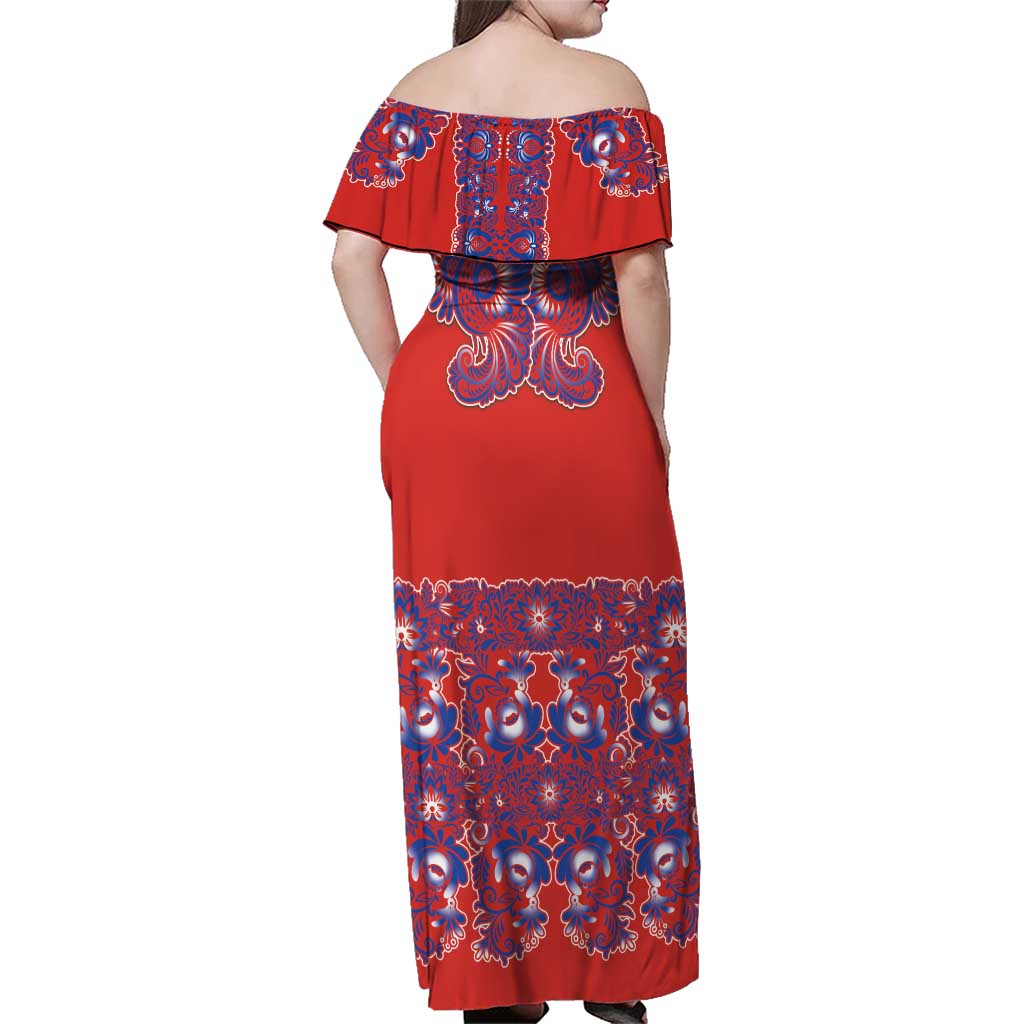 Red Russian National Costume Family Matching Off Shoulder Maxi Dress and Hawaiian Shirt Rooster Motifs Traditional Folk Pattern - Wonder Print Shop
