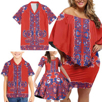 Red Russian National Costume Family Matching Off Shoulder Short Dress and Hawaiian Shirt Rooster Motifs Traditional Folk Pattern - Wonder Print Shop