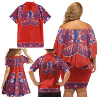 Red Russian National Costume Family Matching Off Shoulder Short Dress and Hawaiian Shirt Rooster Motifs Traditional Folk Pattern - Wonder Print Shop