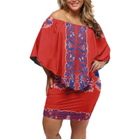 Red Russian National Costume Family Matching Off Shoulder Short Dress and Hawaiian Shirt Rooster Motifs Traditional Folk Pattern - Wonder Print Shop