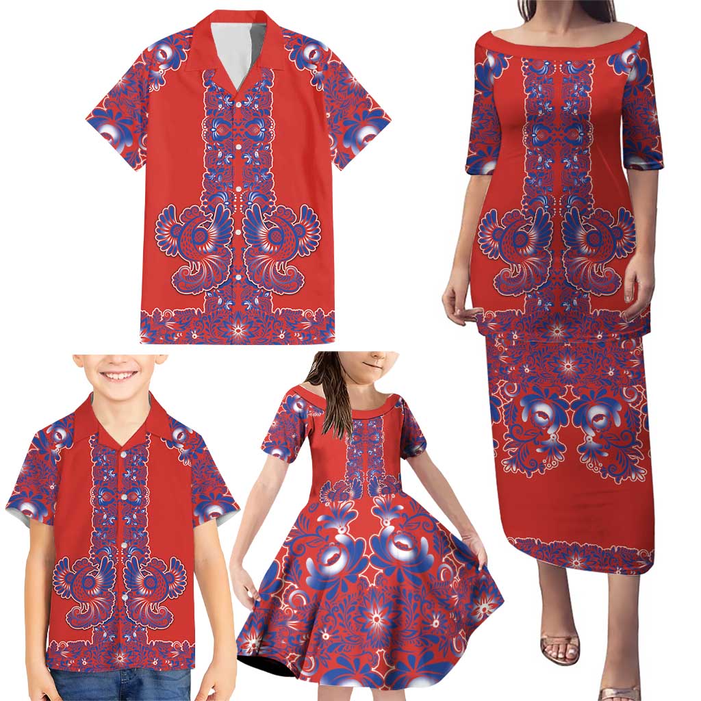 Red Russian National Costume Family Matching Puletasi and Hawaiian Shirt Rooster Motifs Traditional Folk Pattern - Wonder Print Shop