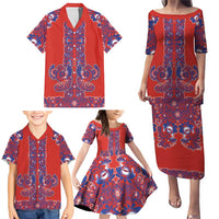 Red Russian National Costume Family Matching Puletasi and Hawaiian Shirt Rooster Motifs Traditional Folk Pattern - Wonder Print Shop