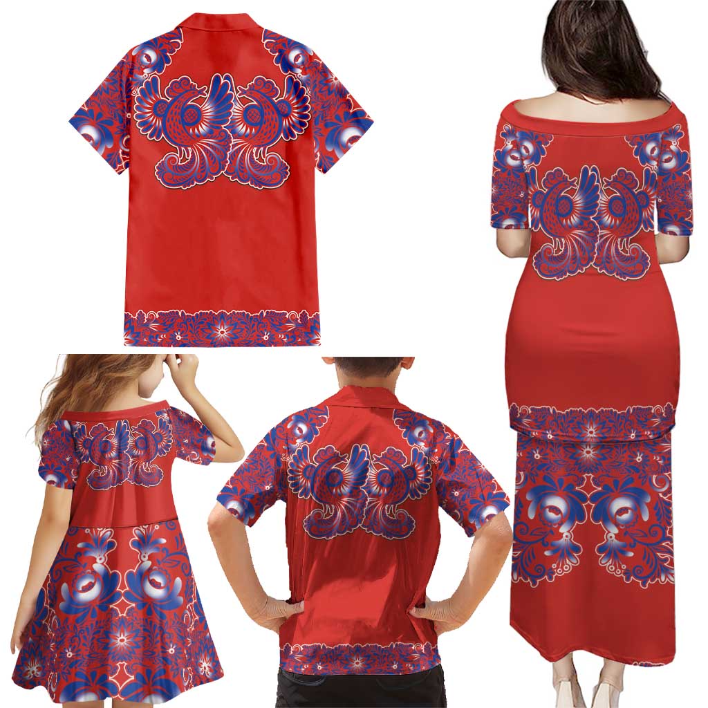 Red Russian National Costume Family Matching Puletasi and Hawaiian Shirt Rooster Motifs Traditional Folk Pattern - Wonder Print Shop
